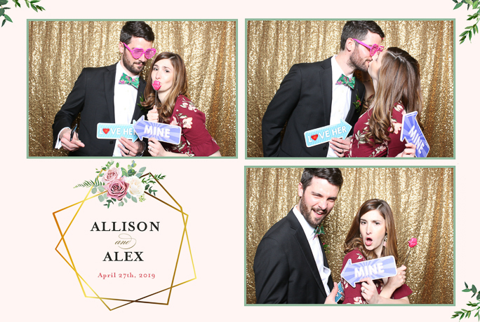 A couple is posing for 3 photos next to a gold backdrop 