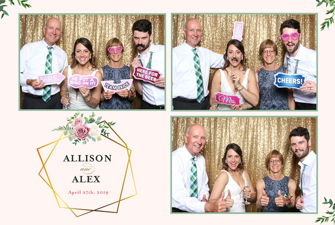 Three photos of four people smiling and holding signs 