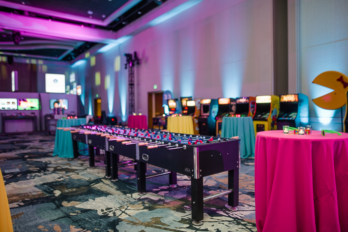 Decorated room with a foosball table 