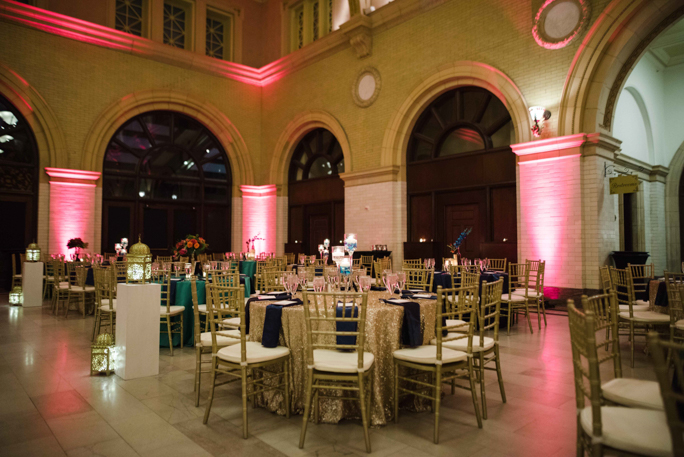 A decorated room with tables and chairs 