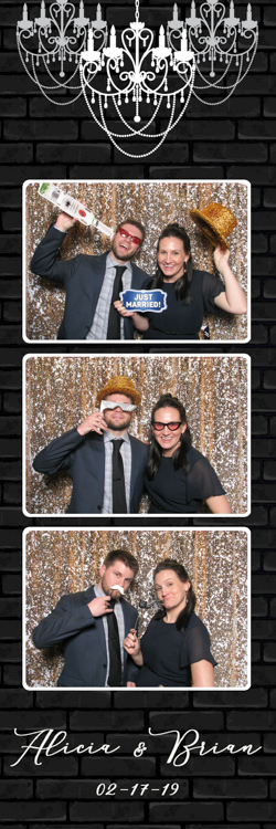 A photo strip with a couple holding props