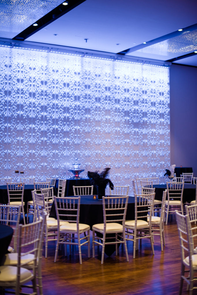 Interior of a building with tables and chairs