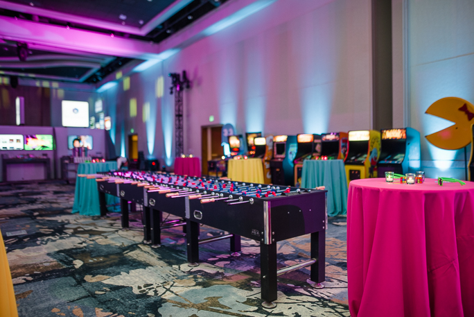 Decorated room with a foosball table