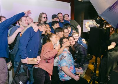 a large group using the open style booth