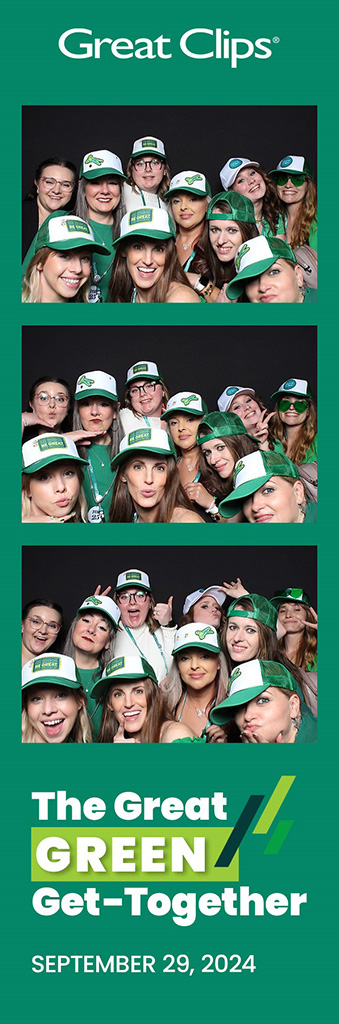 Corporate photo strip with company logo and brand colors