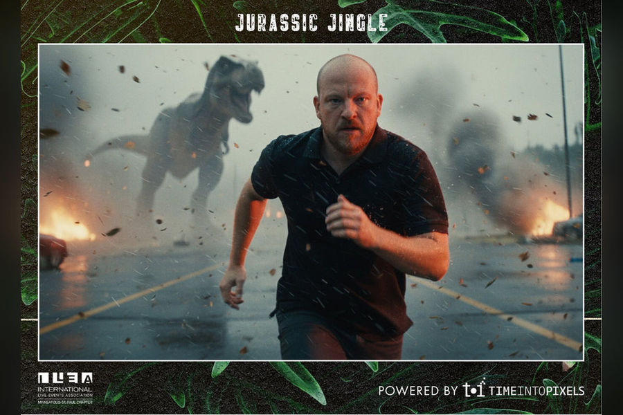 AI photo booth portrait of a guest running from a dinosaur