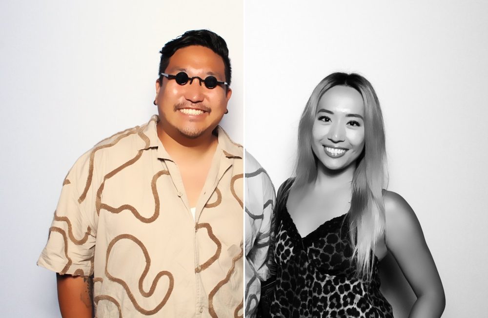 Glam booth portrait split between color and black and white
