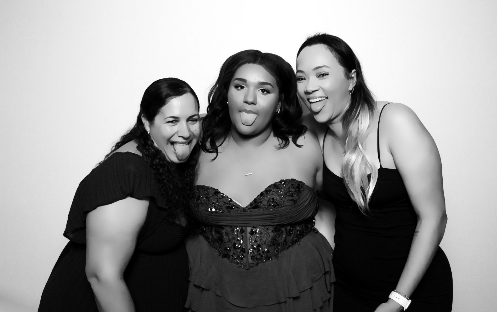 Glam booth photo after retouching in black and white