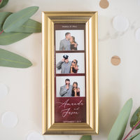 Custom photo strip layout with couple names and date in a gold frame