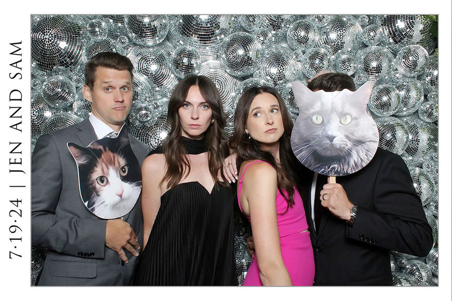 4x6 open style photo booth print with a disco ball backdrop at a wedding