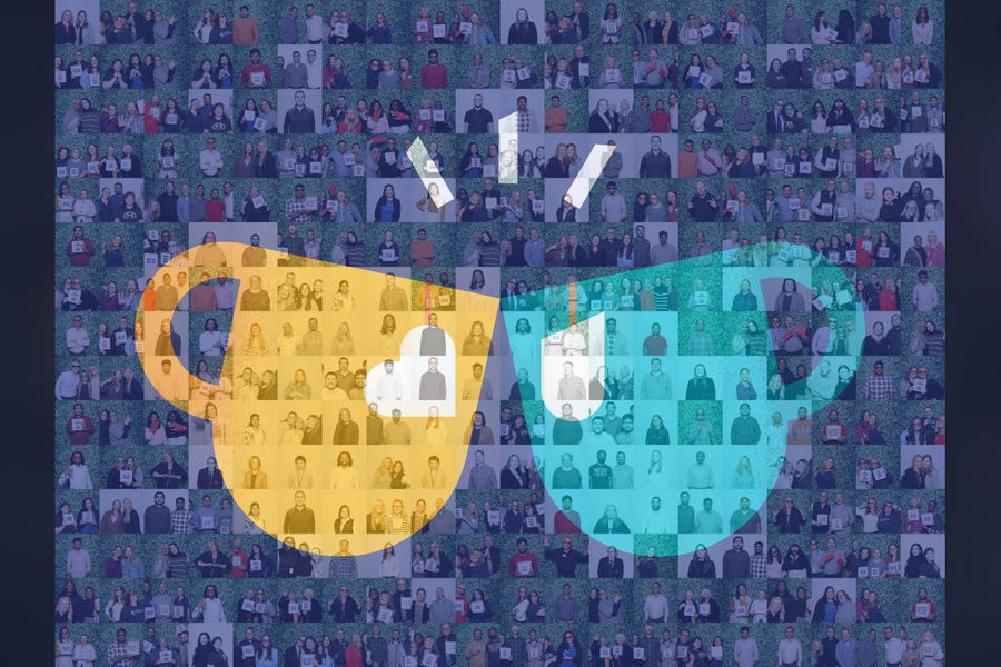 Photo mosaic wall built from guest photos forming a coffee mug logo