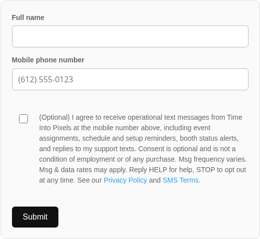 Time Into Pixels SMS opt-in web form with unchecked optional consent box