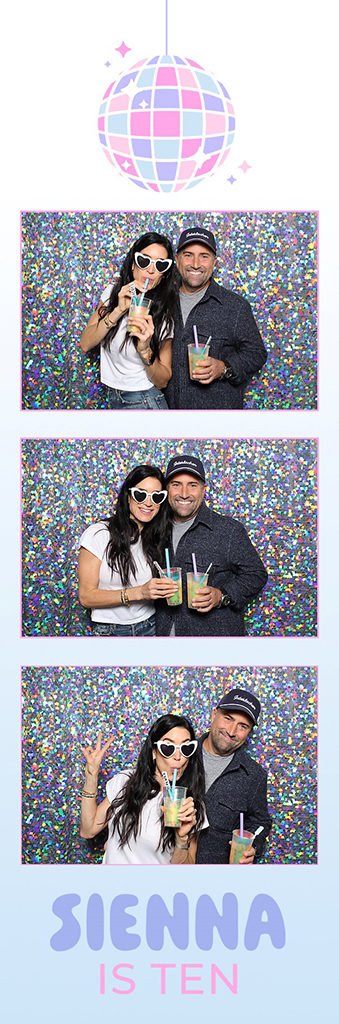 Disco ball 10th birthday party photo strip with a girl and her dad in heart sunglasses