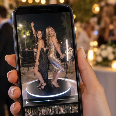 Guest holding a phone and sharing a 360 photo booth video at a party