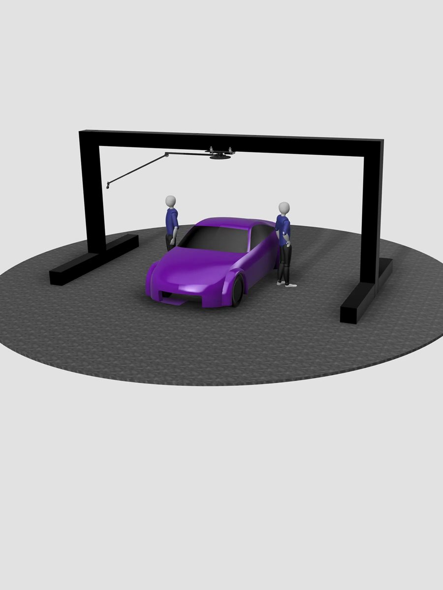 Overhead 360 camera rig mounted to truss, orbiting a car and guests