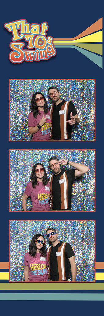That 70s Swing themed photo strip with a retro rainbow design and a couple on a holographic backdrop