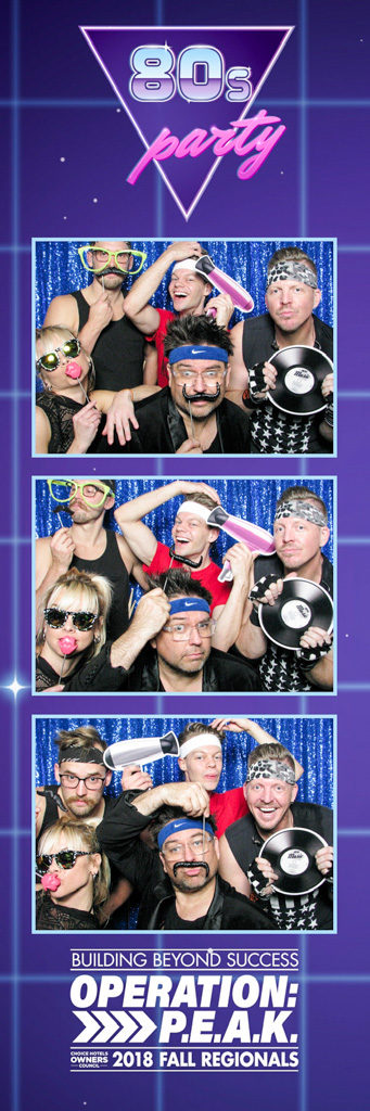 Purple neon 80s party photo strip from a corporate fall regional meeting, guests in headbands and shades