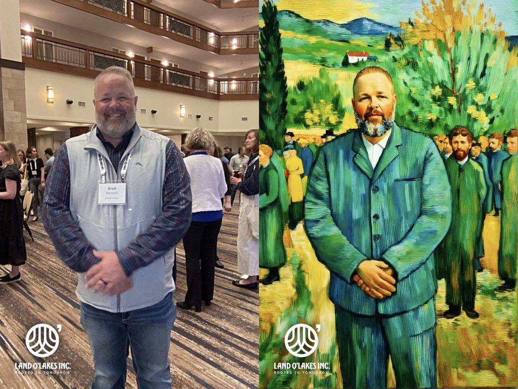 AI photo booth before and after of a guest restyled as a Van Gogh inspired painting