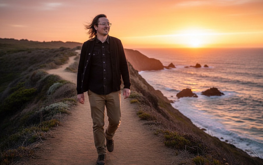 AI photo booth coastal cliff sunset walk portrait