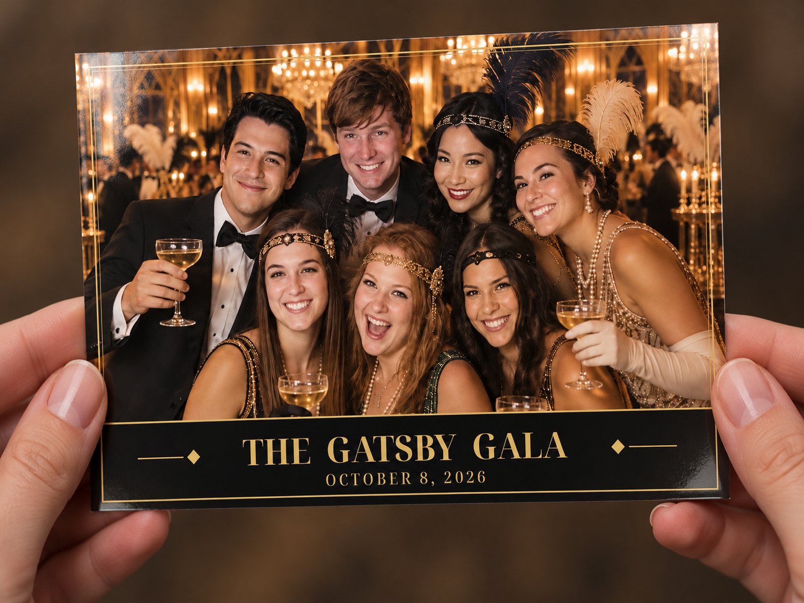 Guest holding a printed 4x6 AI photo booth print of seven friends turned into a Great Gatsby gala scene with a custom event template