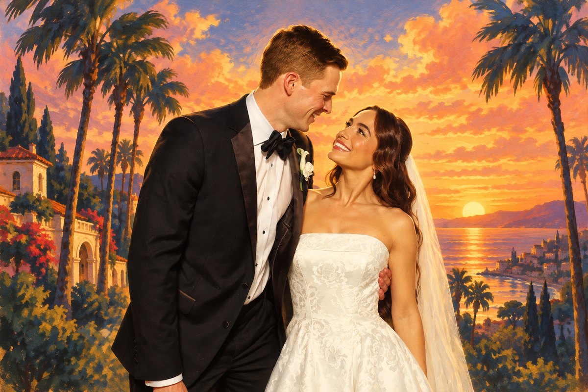 AI photo booth movie poster of a bride and groom
