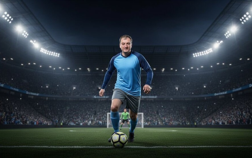 AI photo booth soccer star under stadium lights portrait