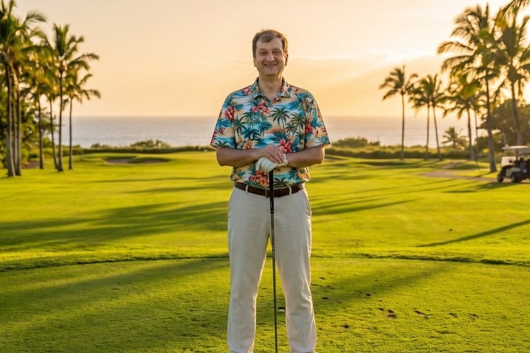 AI photo booth tropical golf course portrait at a retirement party