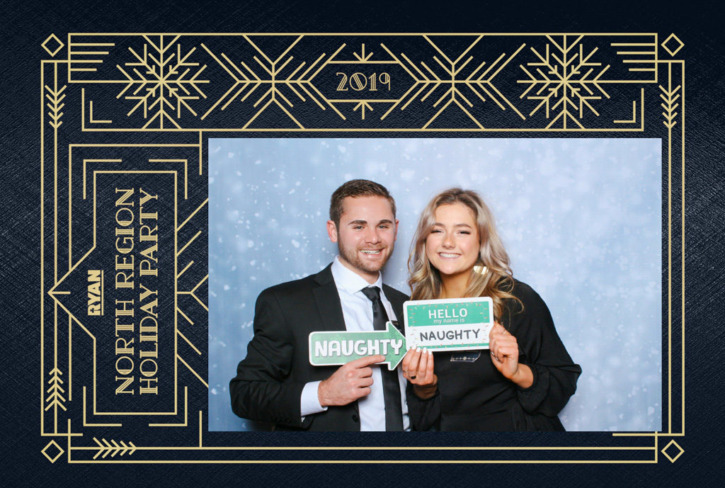 Art deco company holiday party 4x6 print of a couple holding Naughty sign props