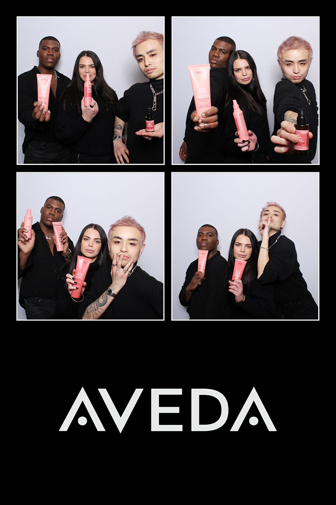Aveda brand event 4x6 print with a four photo grid of models holding pink product tubes