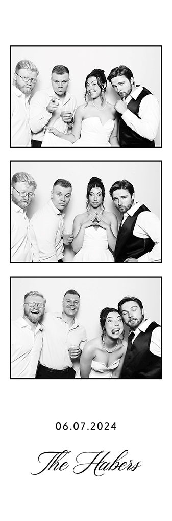 Black and white wedding photo strip of the bride with groomsmen in vests, June 2024