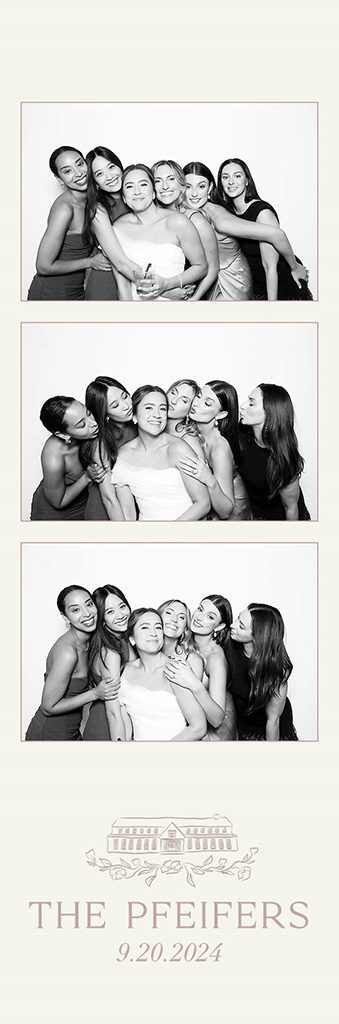 Black and white wedding photo strip of bridesmaids with an illustrated venue sketch at the bottom