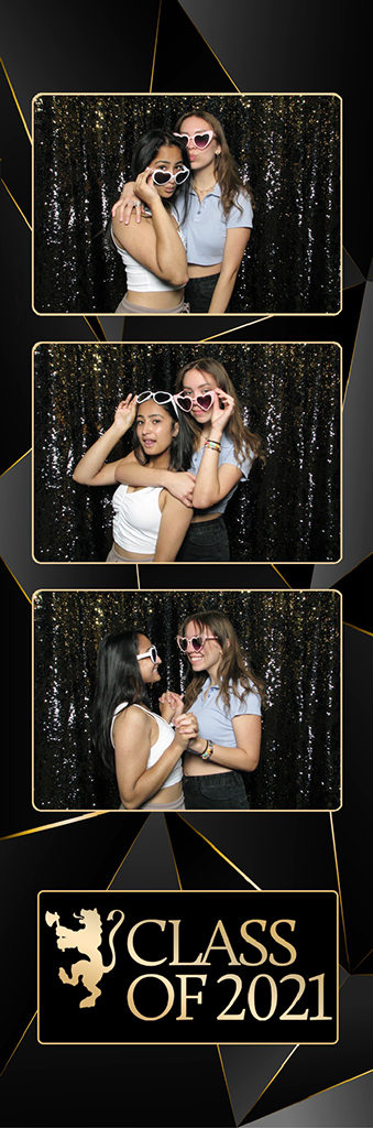 Black and gold Class of 2021 graduation party photo strip with two friends in sunglasses