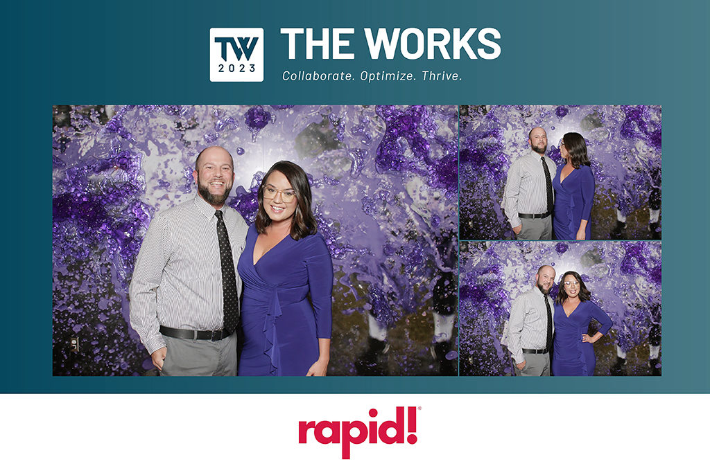 Corporate conference print of two coworkers on a purple geode backdrop with three photo layout