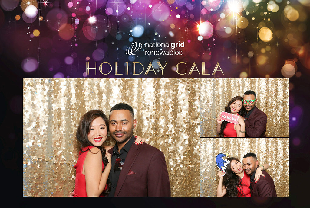 National Grid Renewables holiday gala print of a couple on gold sequins with sparkling bokeh design