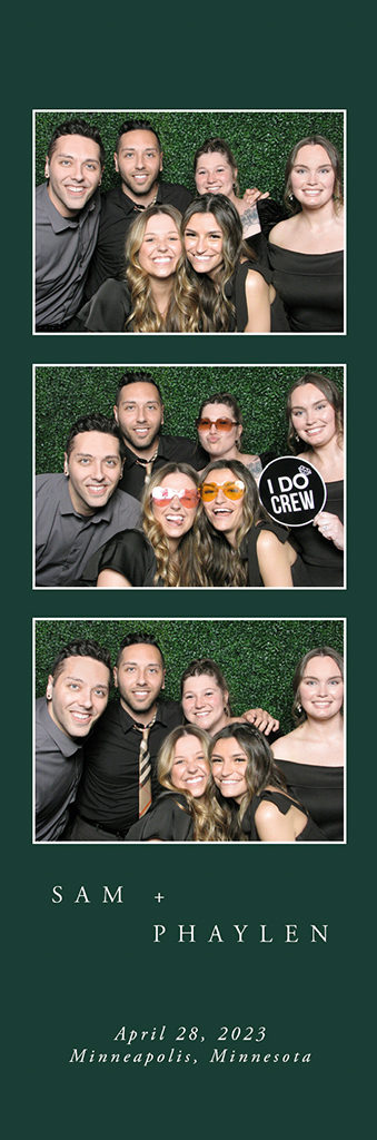 Dark green wedding photo strip of a group of friends with an I Do Crew prop at a Minneapolis wedding