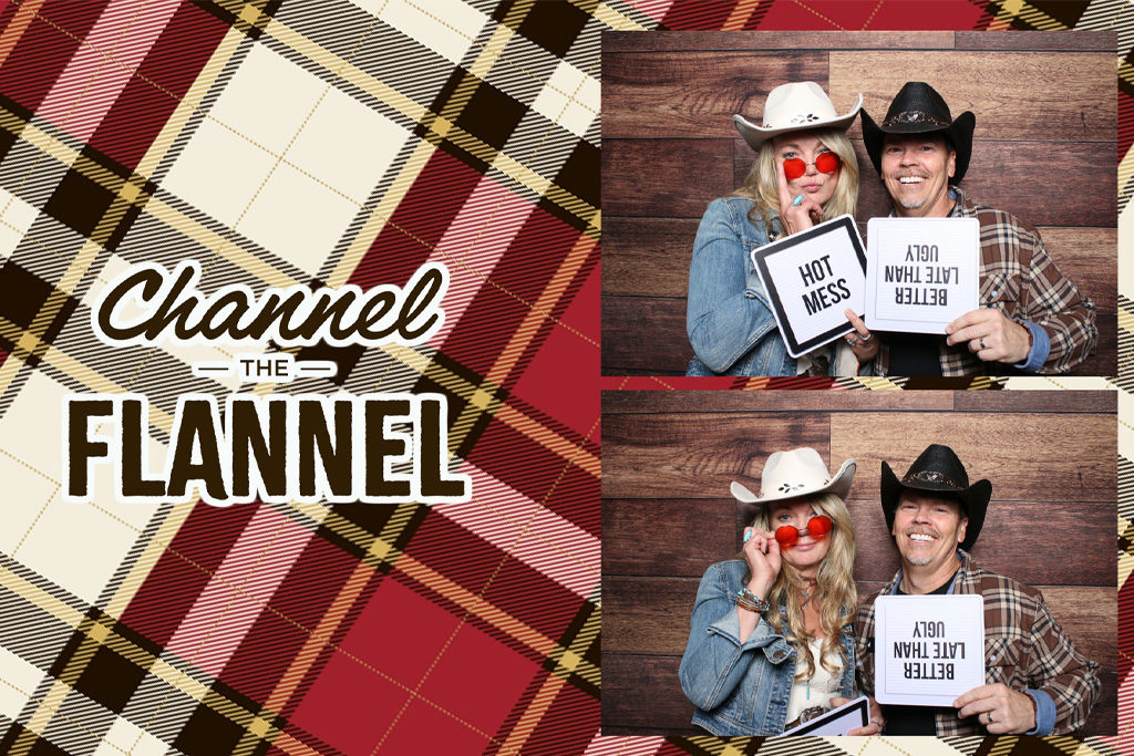 Channel the Flannel plaid party print of a couple in cowboy hats holding funny sign props