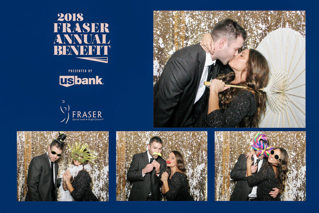 Fraser annual benefit gala print with a kissing couple and three smaller photos on gold sequins