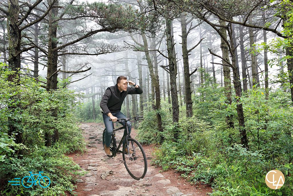 Full body green screen photo of a man riding a bike down a misty forest trail