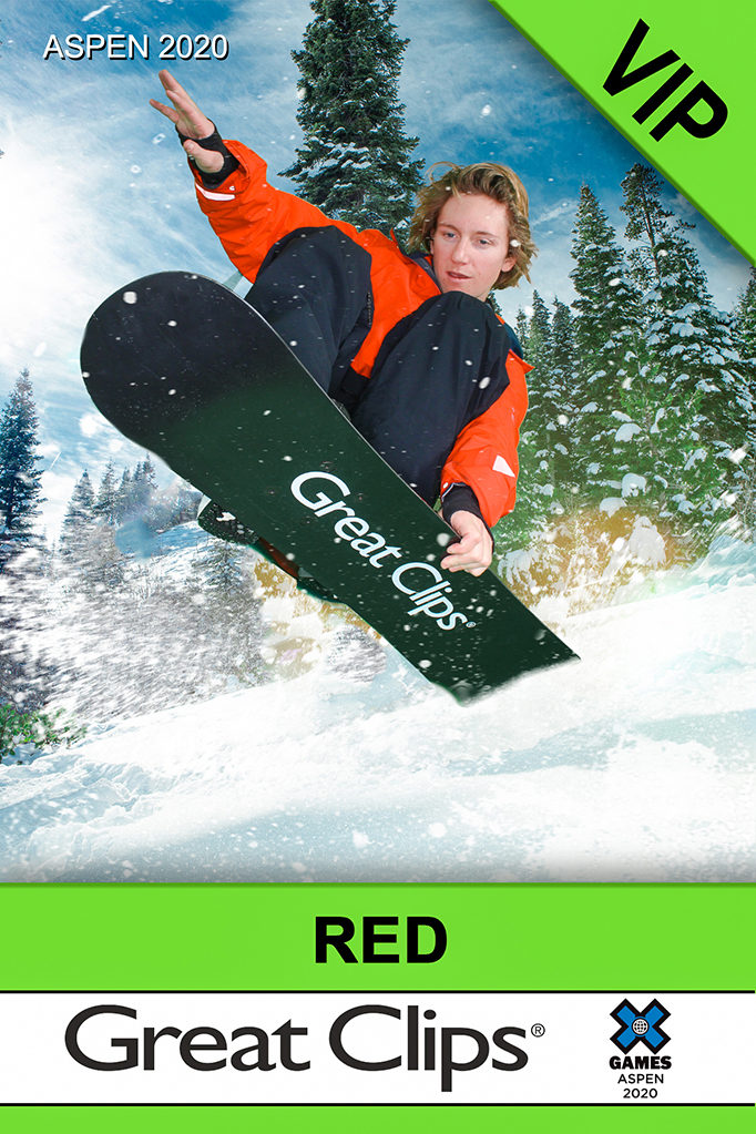Great Clips X Games VIP pass with a full body green screen photo of a guest snowboarding