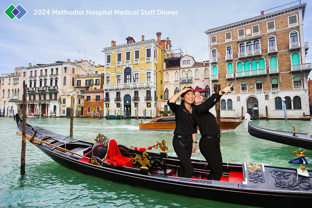 Hospital staff dinner full body green screen photo of two guests standing in a Venice gondola