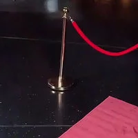 Gold stanchion with red velvet rope next to a red carpet runner