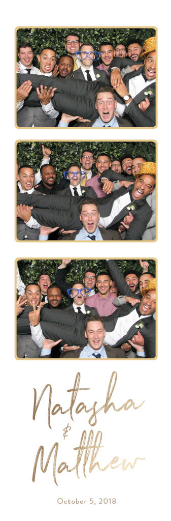 Wedding photo strip with gold lettering and groomsmen lifting a guest in front of a hedge wall