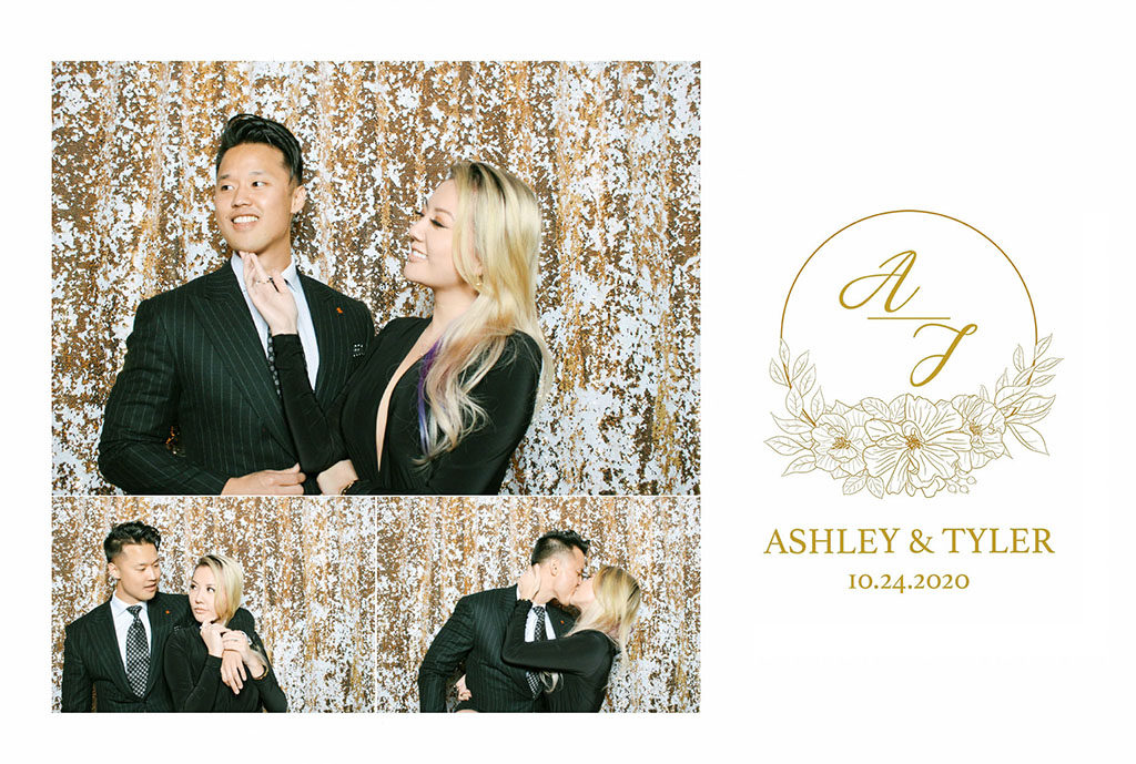 Gold floral monogram wedding print of a couple posing on a gold sequin backdrop