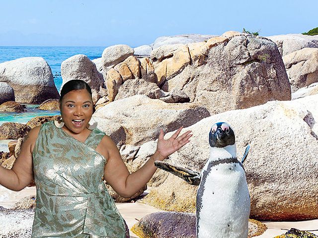 Guest in a sequin dress on a sunny beach next to a penguin, made with a green screen photo booth