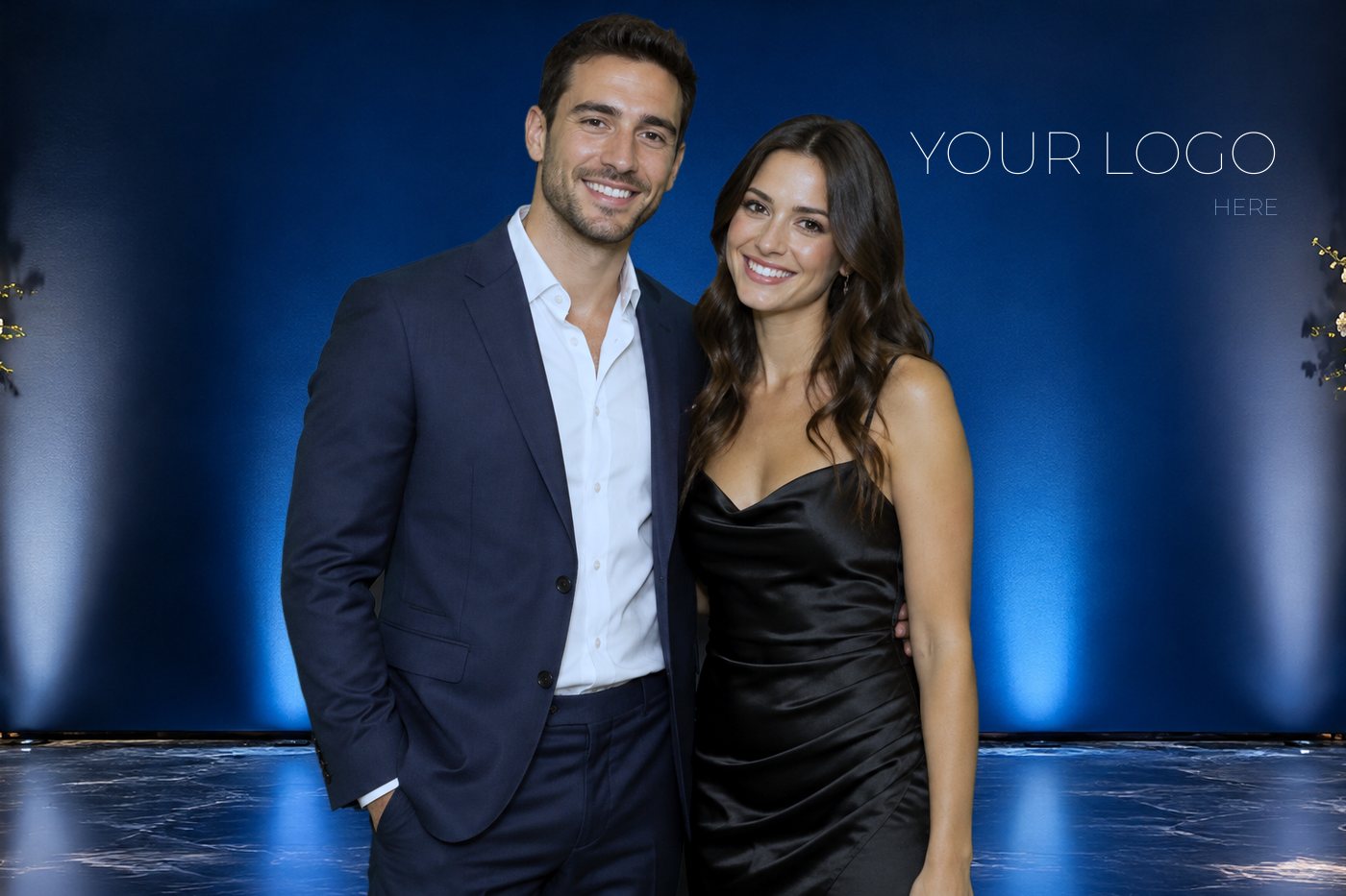 Same couple keyed onto a custom branded event backdrop with a logo placeholder