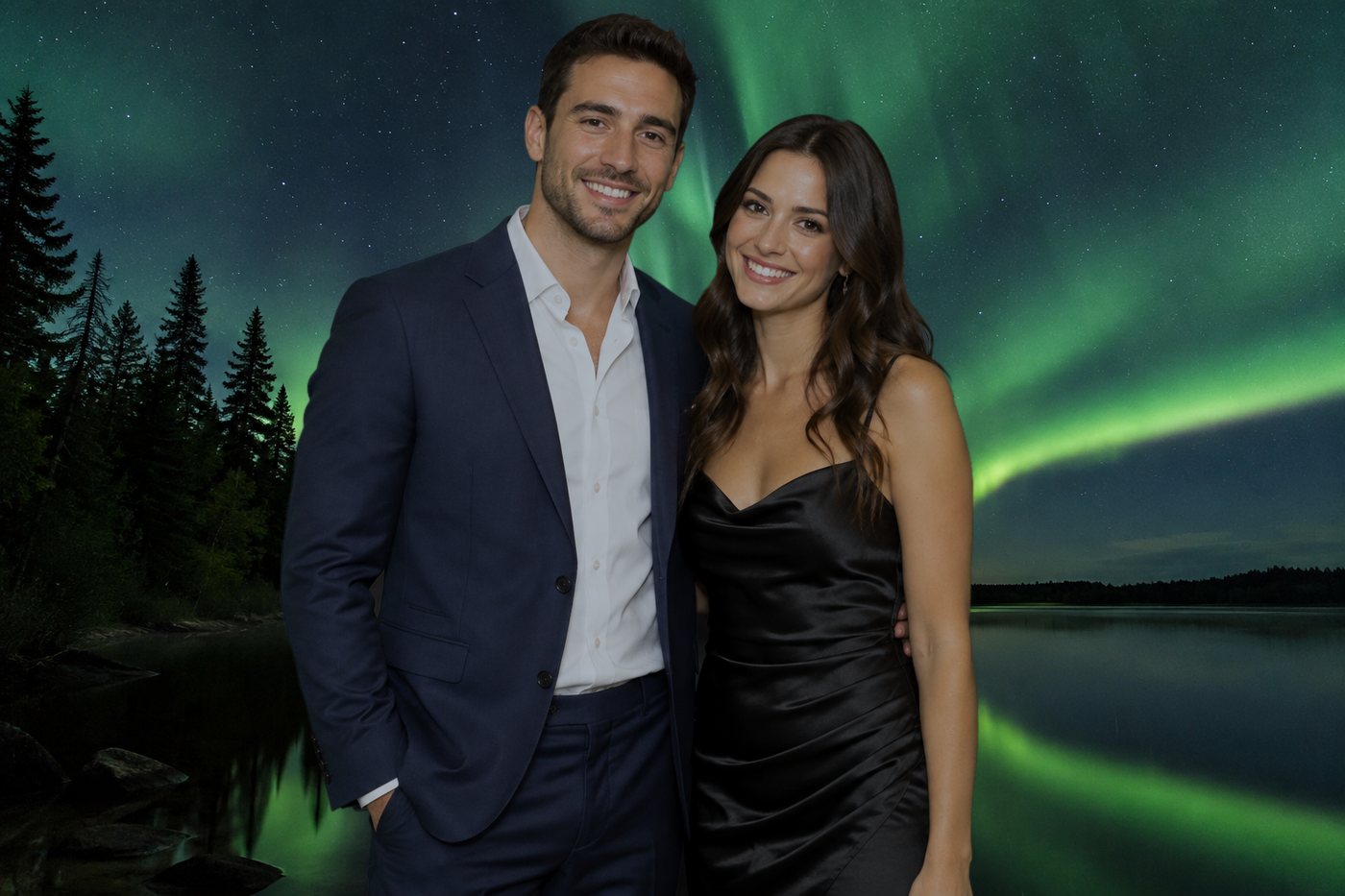 Same couple keyed onto a northern lights scene over a Minnesota lake