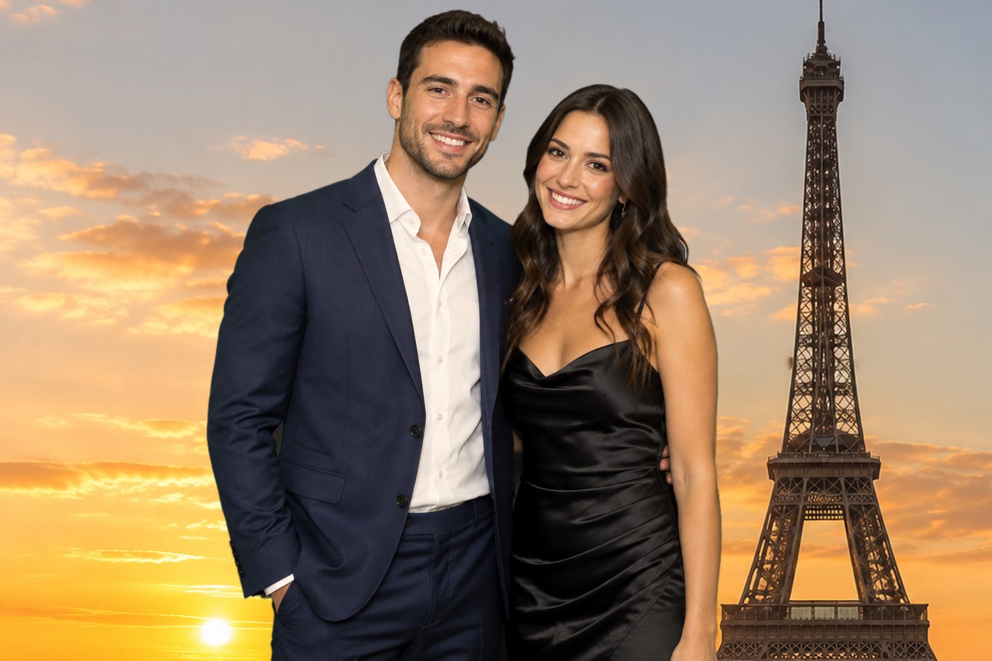 Same couple keyed onto a Paris background with the Eiffel Tower at sunset