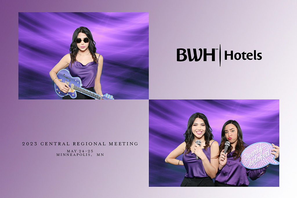 BWH Hotels regional meeting green screen print with guests holding a guitar and mic on a purple stage