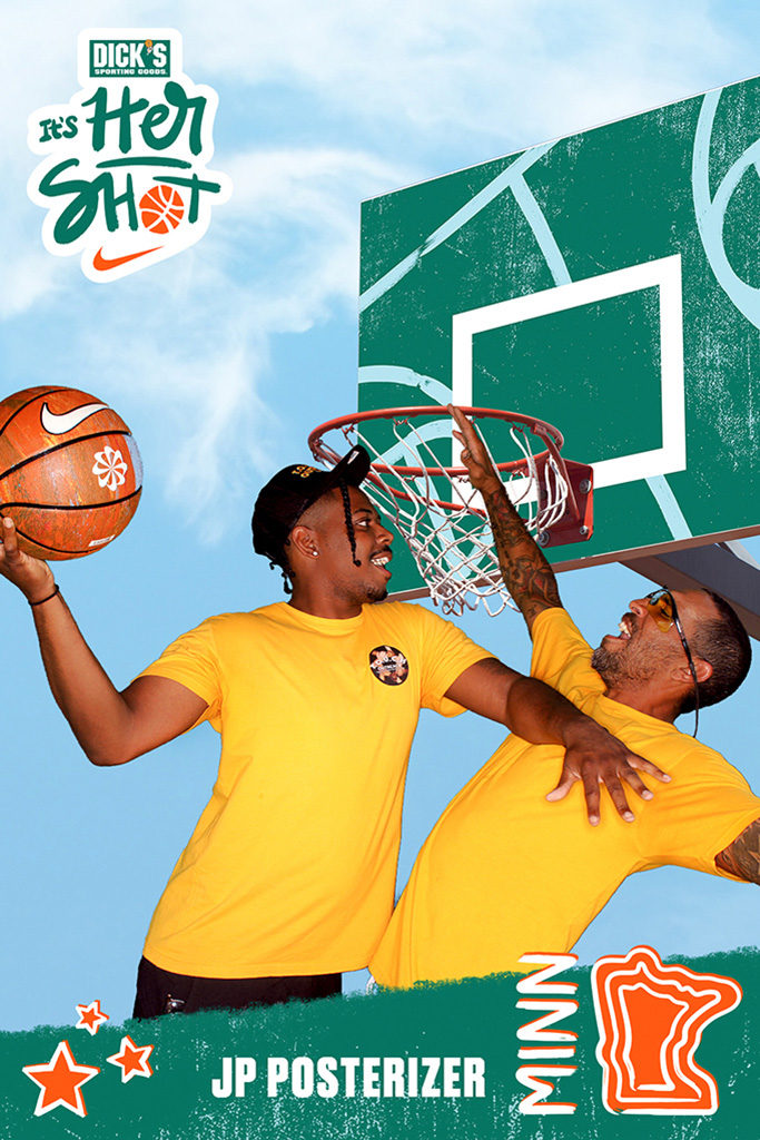 Nike It's Her Shot green screen photo of two guests dunking on a giant basketball hoop