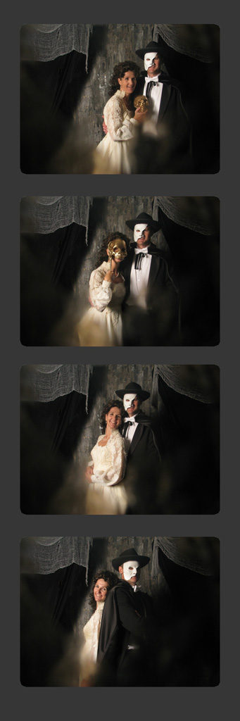 Masquerade style photo strip with a couple in Phantom of the Opera masks on a dark backdrop